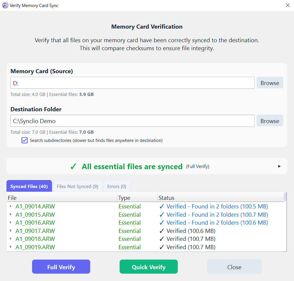 Verification log with green checkmarks